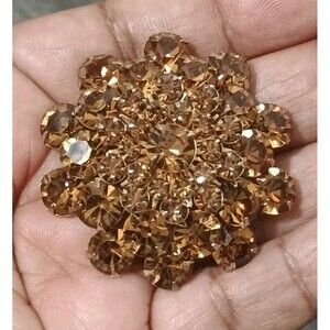 Amber Tone Brilliant Faceted Rhinestone Dome Starburst Vintage Gold Tone Brooch